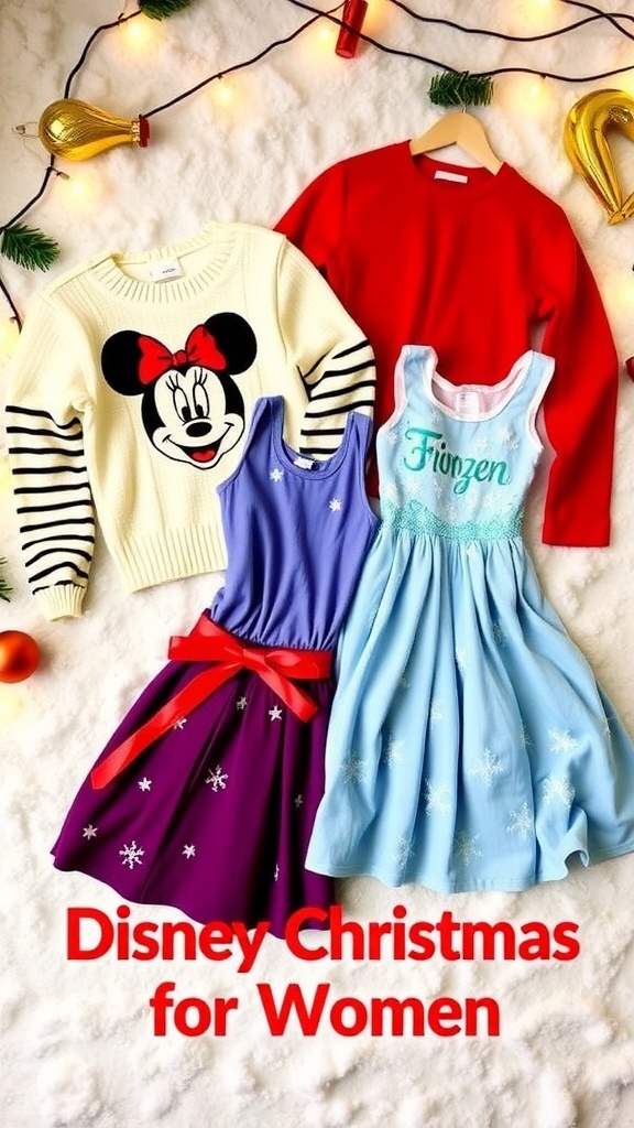 Charming Disney Christmas Outfits for Women A collection of Disney-themed Christmas outfits for women, including a sweater, dress, and skirt, set against a festive backdrop.